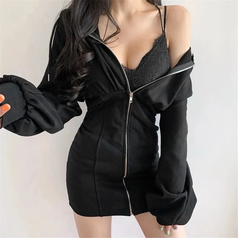 Women Fashion Casual Autumn Winter Warm High Waist Long Sleeve Girl Tummy Control Hooded Side Pockets Front Zipper Dress Grey