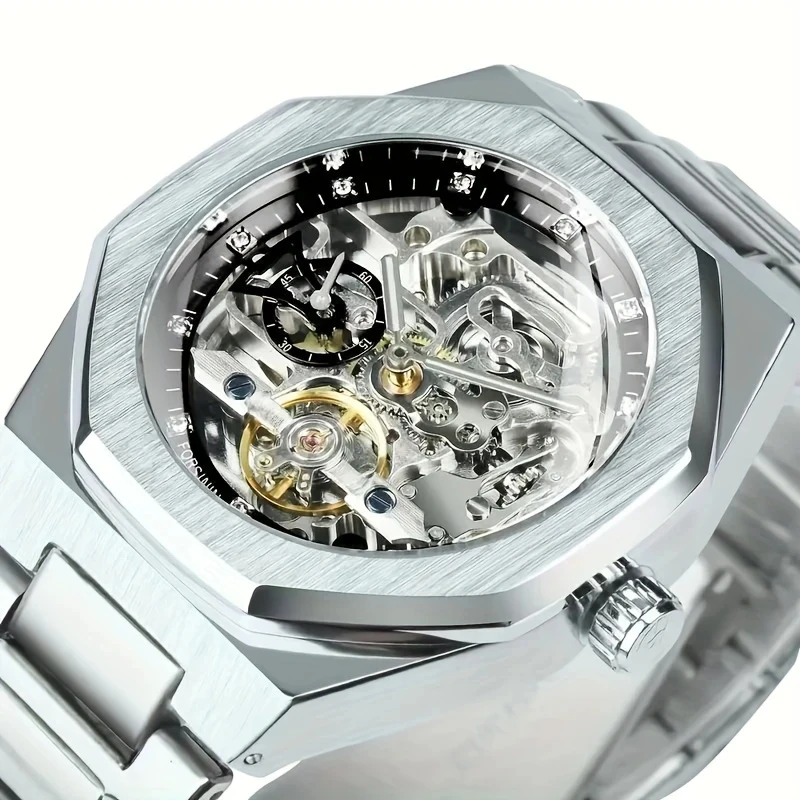 Men's Luxury Automatic Mechanical Watch, Unique and Stylish Hexagonal Frame Design, Stainless Steel Strap, Perfect Gift for Him, Luxury Men's Watch | Fashionable Wrist | Transparent Dial, No Batteries Required