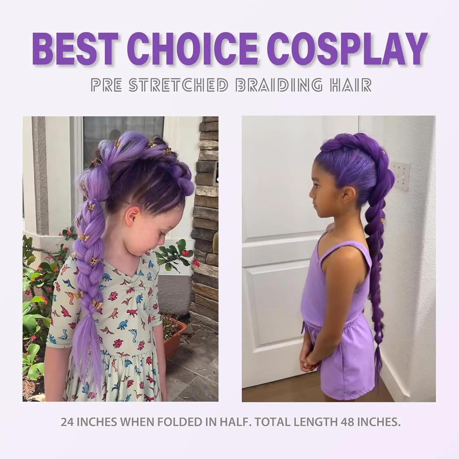24/26inch Synthetic Braided Purple Hair Ponytail Rumi Costume Hairstyle Ponytail with Clips for Kids Girls Halloween Christmas image 3