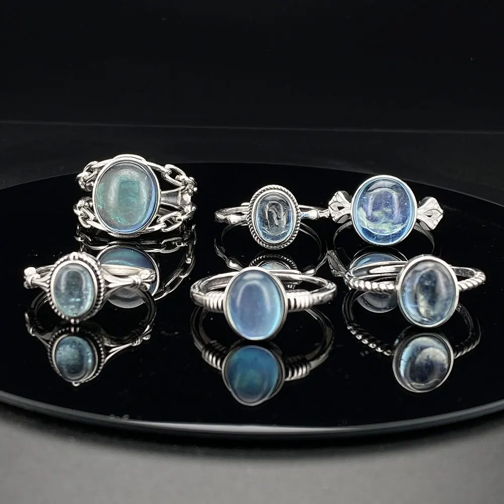 

Vintage Adjustable 925 Sterling Silver Ring Set with Natural Aquamarine, Retro Multi Design Blue Gemstone Jewelry for Women Man