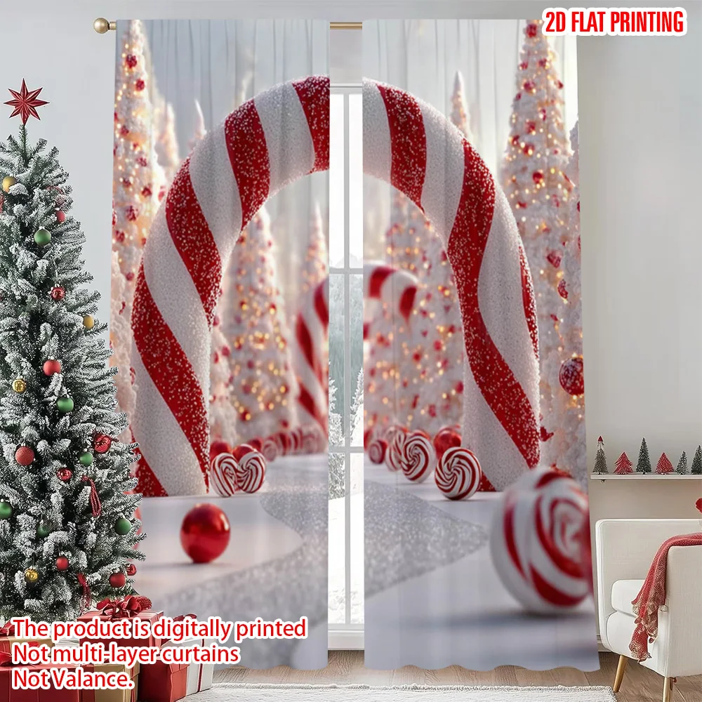 

2pcs 2D flat printing Merry Christmas Popular Curtain Red candy cane 100% Polyester Without Electricity Birthday Party Perfect