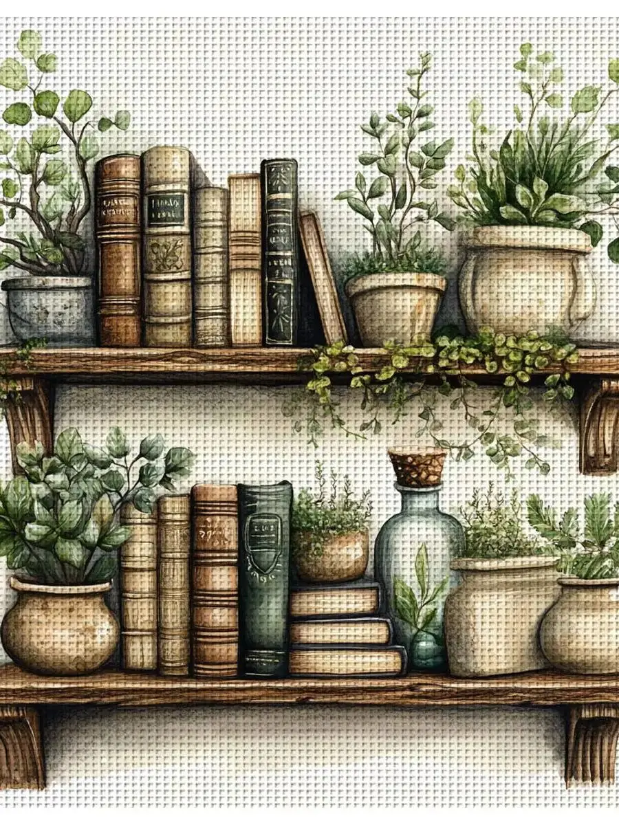 1 Stück 30x30 cm/11,8 Zoll Kreuzstich-Set mit Motiv „Töpfe und Bücherregale“, DIY-Set 11CT/14CT, DIY-Stickset, DIY-Kreuzstich-Set – Detail 1