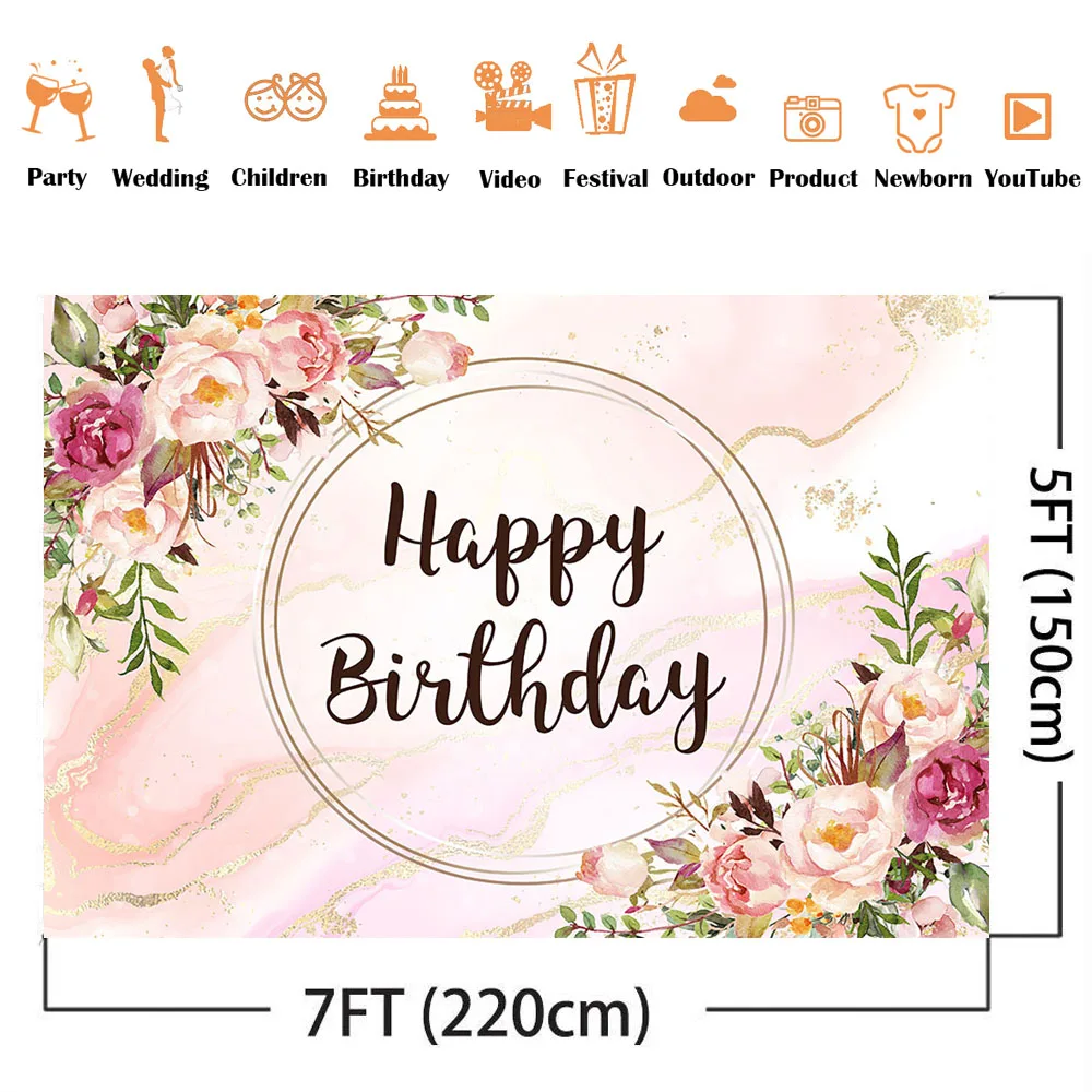 Happy Birthday Pink Flowers Photo Background Marble Texture Customize DIY Photo Booth Backdrop Floral Birthday Decoration Banner