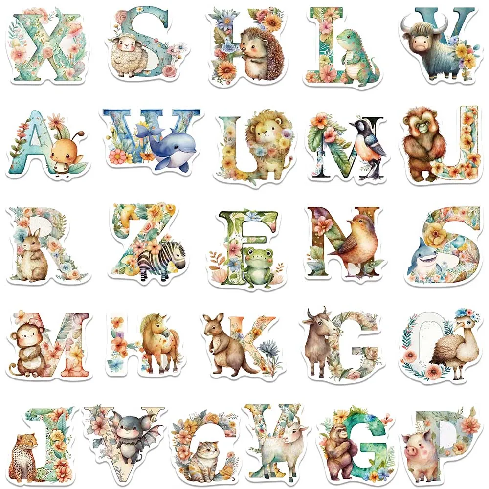 52pcs Cute Cartoon Animals Alphabet Stickers For Laptop Water Bottle Luggage Notebook Waterproof Graffiti Vinyl Decals