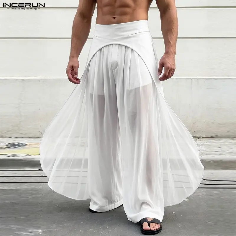 INCERUN Herrenhose, Mesh-Patchwork-Jogginghose, lockere Hose mit elastischem Bund, weites Bein, für Herren, Streetwear, unregelmäßige Oversize-Hose