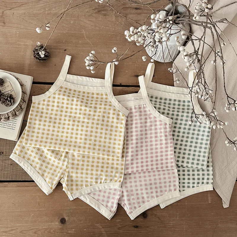 2025 Korean Style Baby Girl Checkered Bodysuit for 0 - 2 Years Old Summer Suspender Soft Elastic Cotton Infant Romper