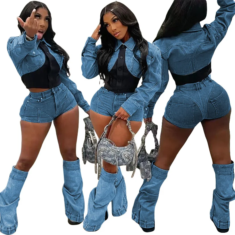 

Women Denim Shorts Sets Fashion Patchwork Long Sleeve Denim Jackets And Shorts Casual Two Piece Set Streetwear Denim Shorts Sets