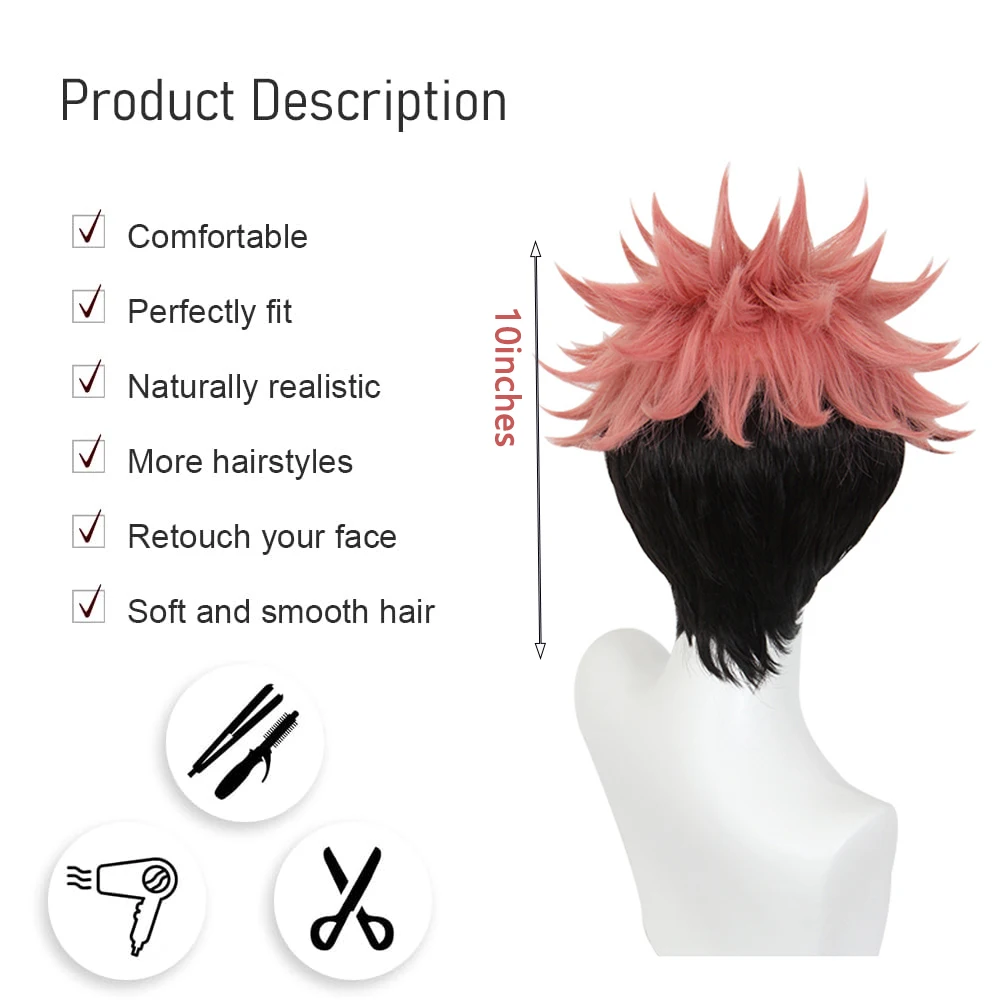 Haute qualité ‌   Anime Jujutsu Kaisen Yuji Itadori ‌   Cosplay cheveux synthétiques 10 pouces courte Halloween quotidien perruque en soie haute température