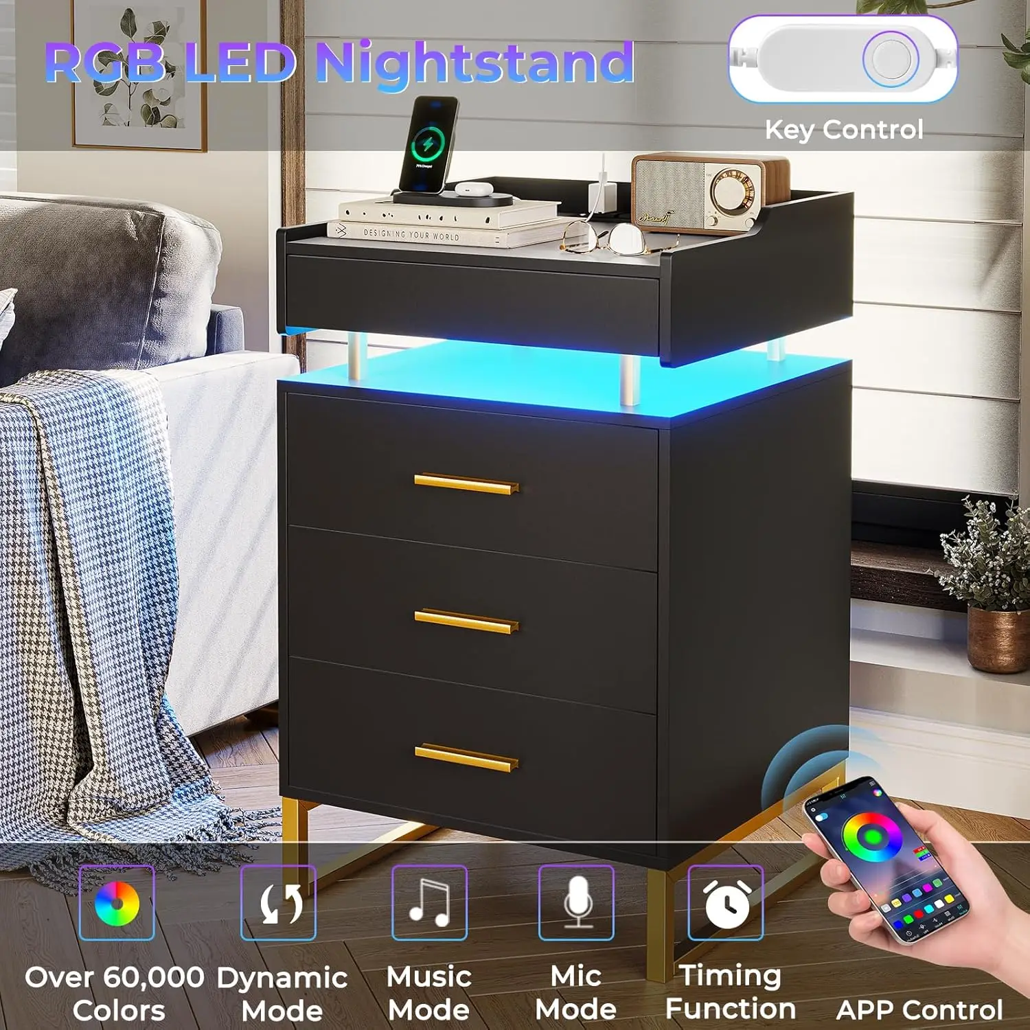 Ensemble de table de nuit LED avec station de charge, table de nuit avec 3 égouts de proximité et 1 escalade nervurée, 2 pièces