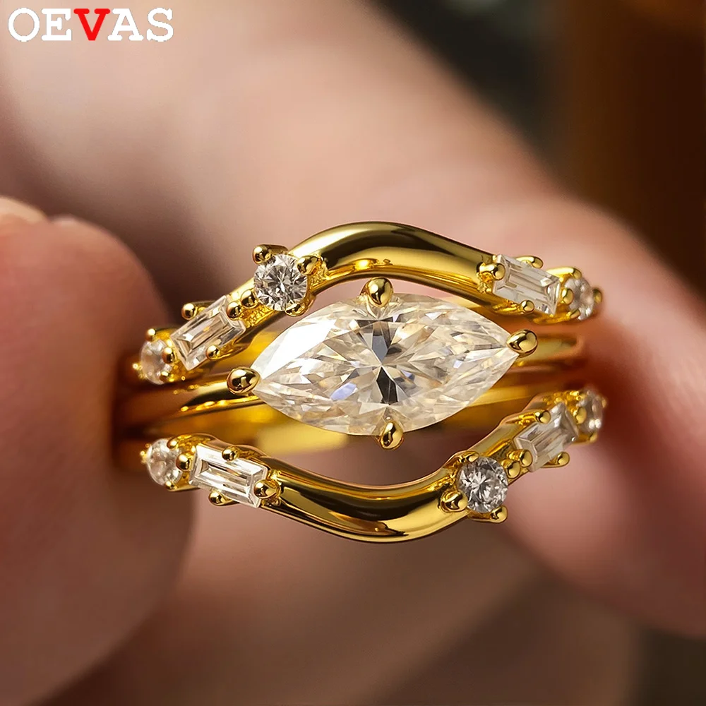 

OEVAS 1ct 2ct Кольца с муассанитом огранки маркизы S925 Серебро 18K позолоченные Три кольца Набор для женщин Свадебная вечеринка Изящные ювелирные изделия