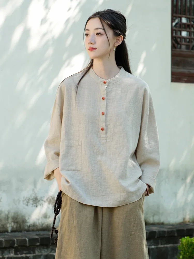 

Women's Cotton and Linen Shirt, Spring and Summer, Stand Collar, Colors, Matching, Button Pullover, Large Size Tops