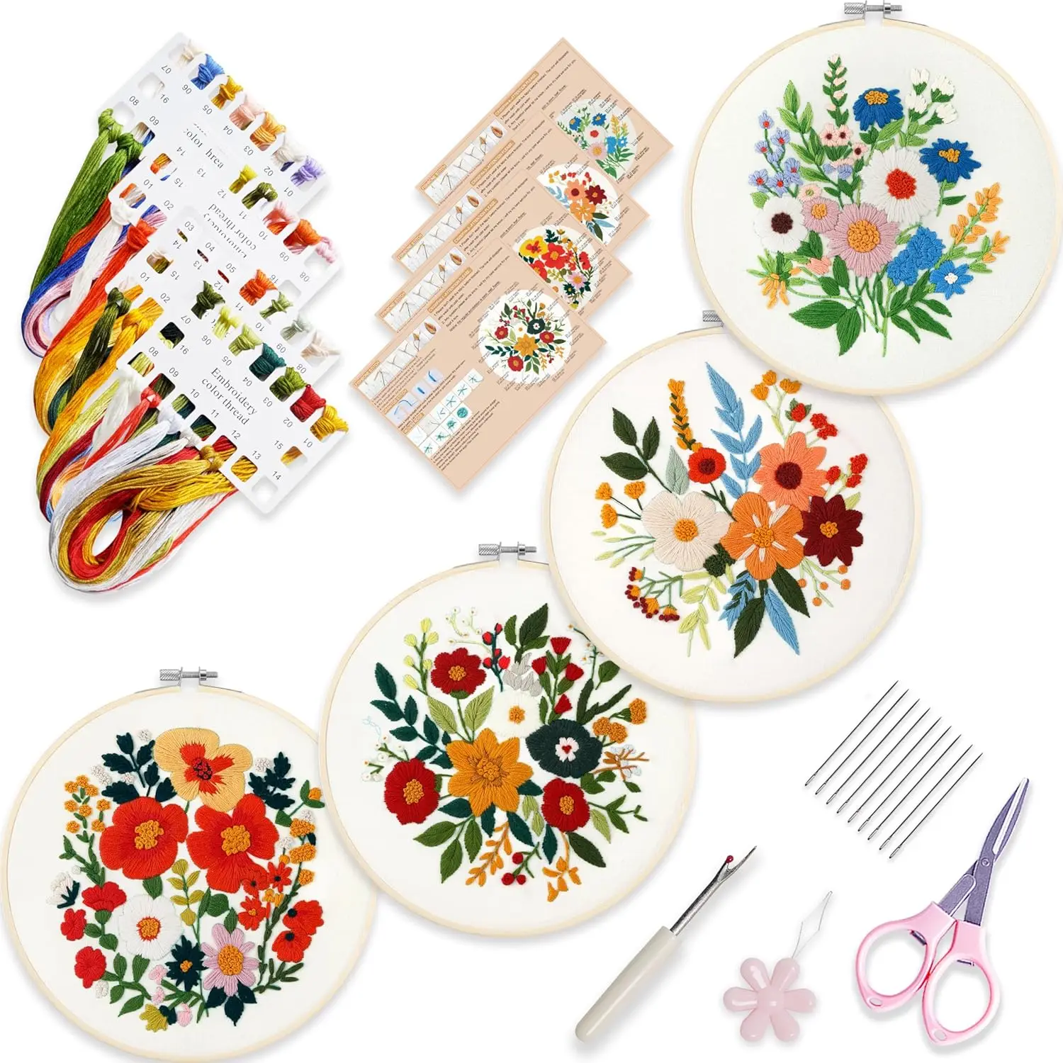 

4 Sets Embroidery Kit for Beginners Adults with Floral Pattern, Bamboo Hoop, Needle & Cloth for Home Decor