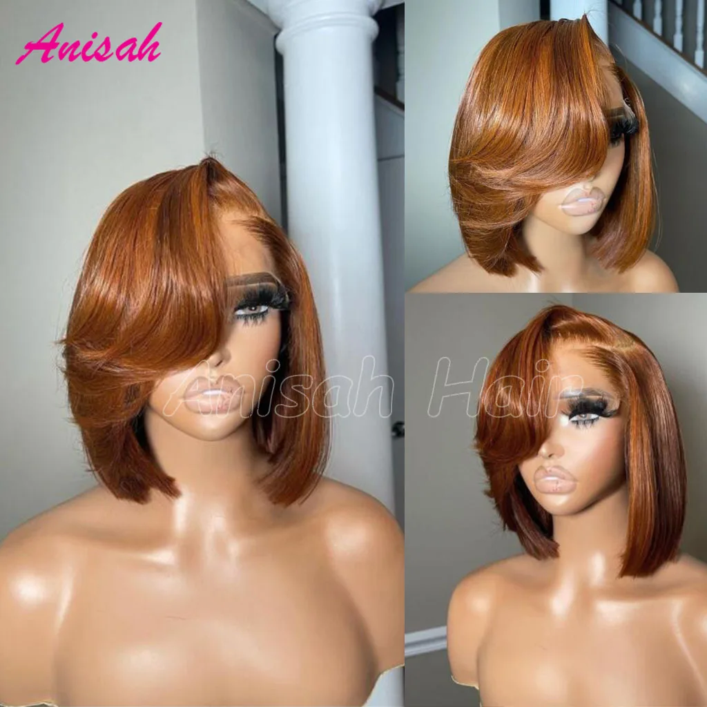 

Colored Short Human Hair Wigs Glueless Lace Front Human Hair Wigs For Women Short Bob Wig Lace Frontal Wig with Bangs