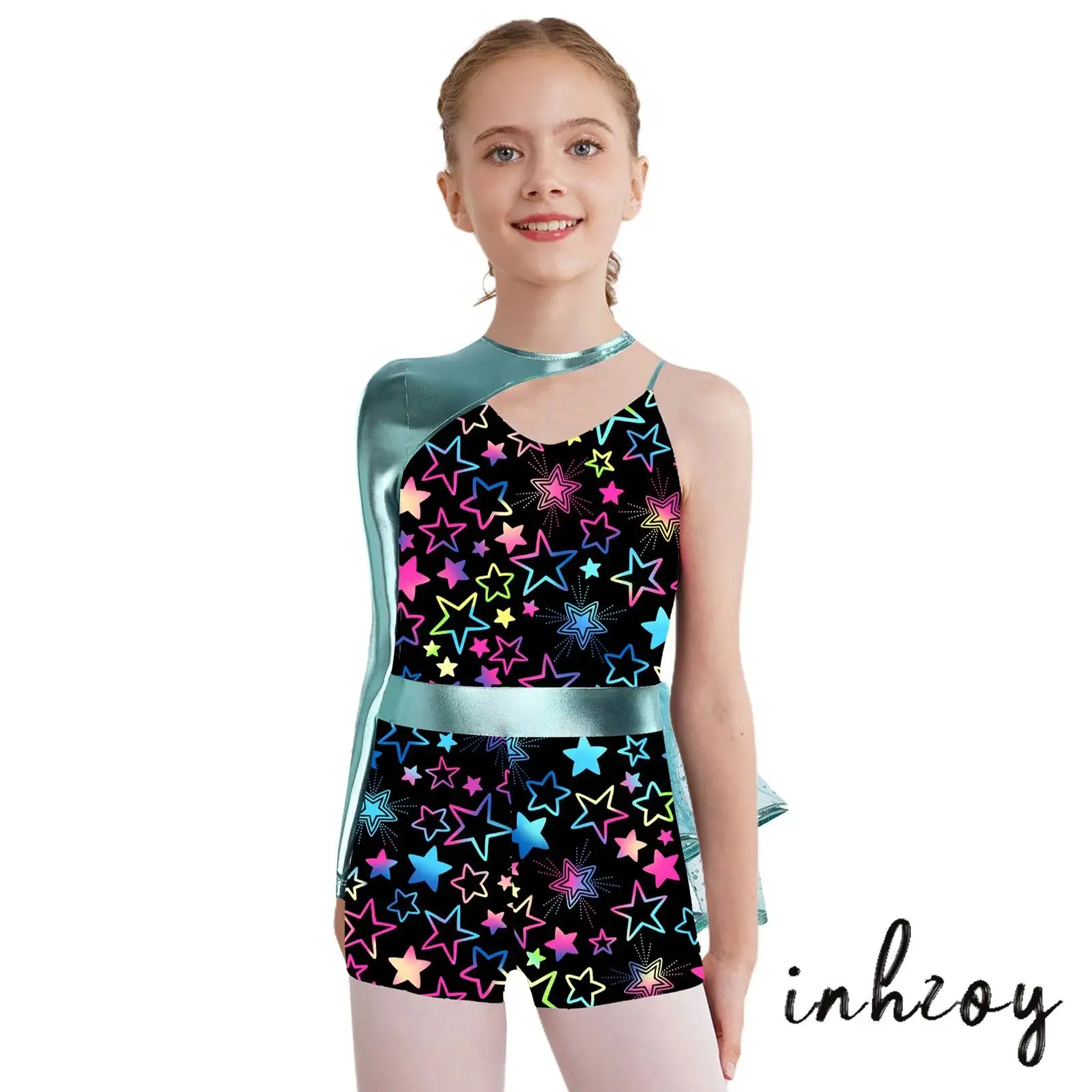 

Kids Girls Lyrical Ballet Dance Leotard Vibrant Print Sequins Mesh Athletic Bodysuit Gymnastic Jumpsuit for Jazz Ballroom Dance