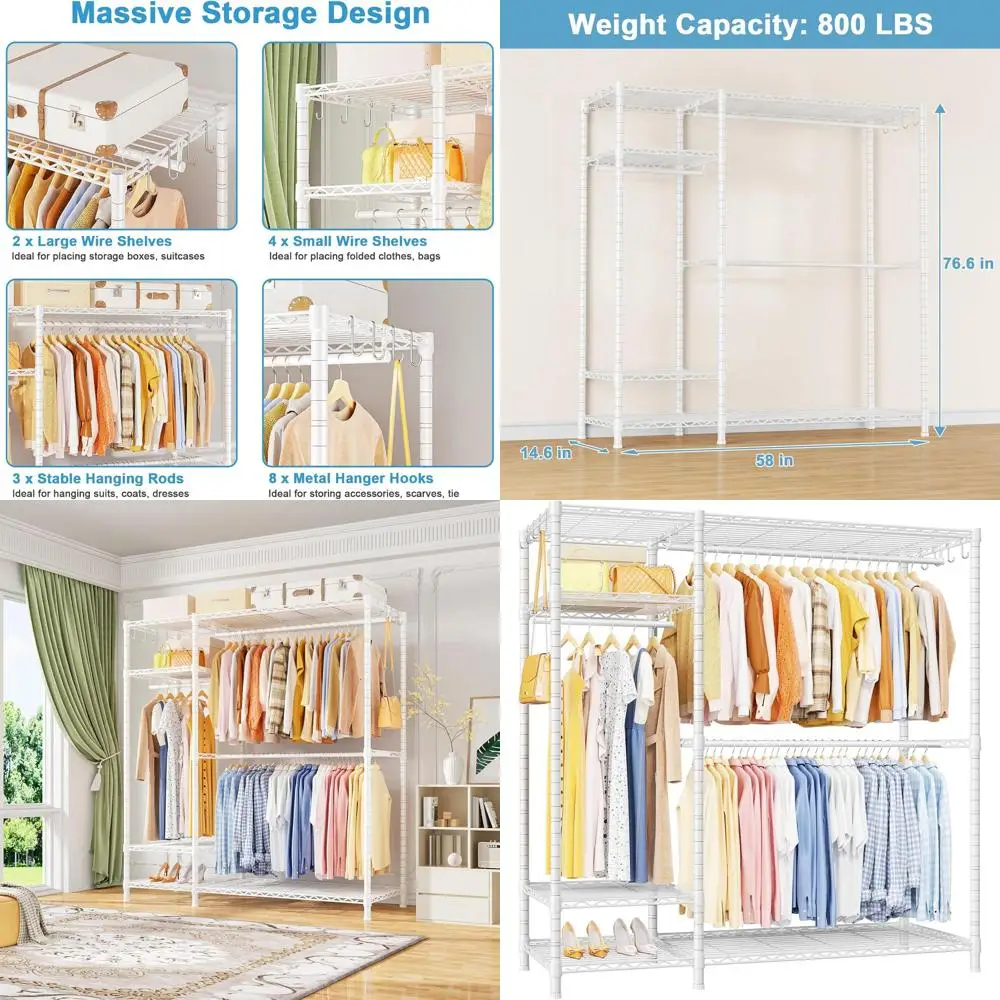 

6-уровневая сверхпрочная портативная вешалка для одежды, отдельно стоящее хранилище для подвешивания, 58 x 14,6 x 76,6 В, грузоподъемность 800 фунтов, белый