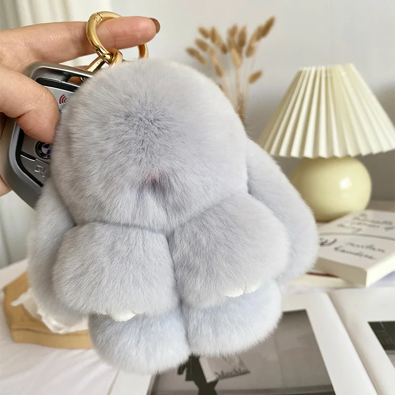 15cm Cute Fluffy Bunny Keychain Genuine Rex Rabbit Fur Key Chains For Women Bag Toys Doll Fluffy Pom Pom Lovely Pom Pom Keyring