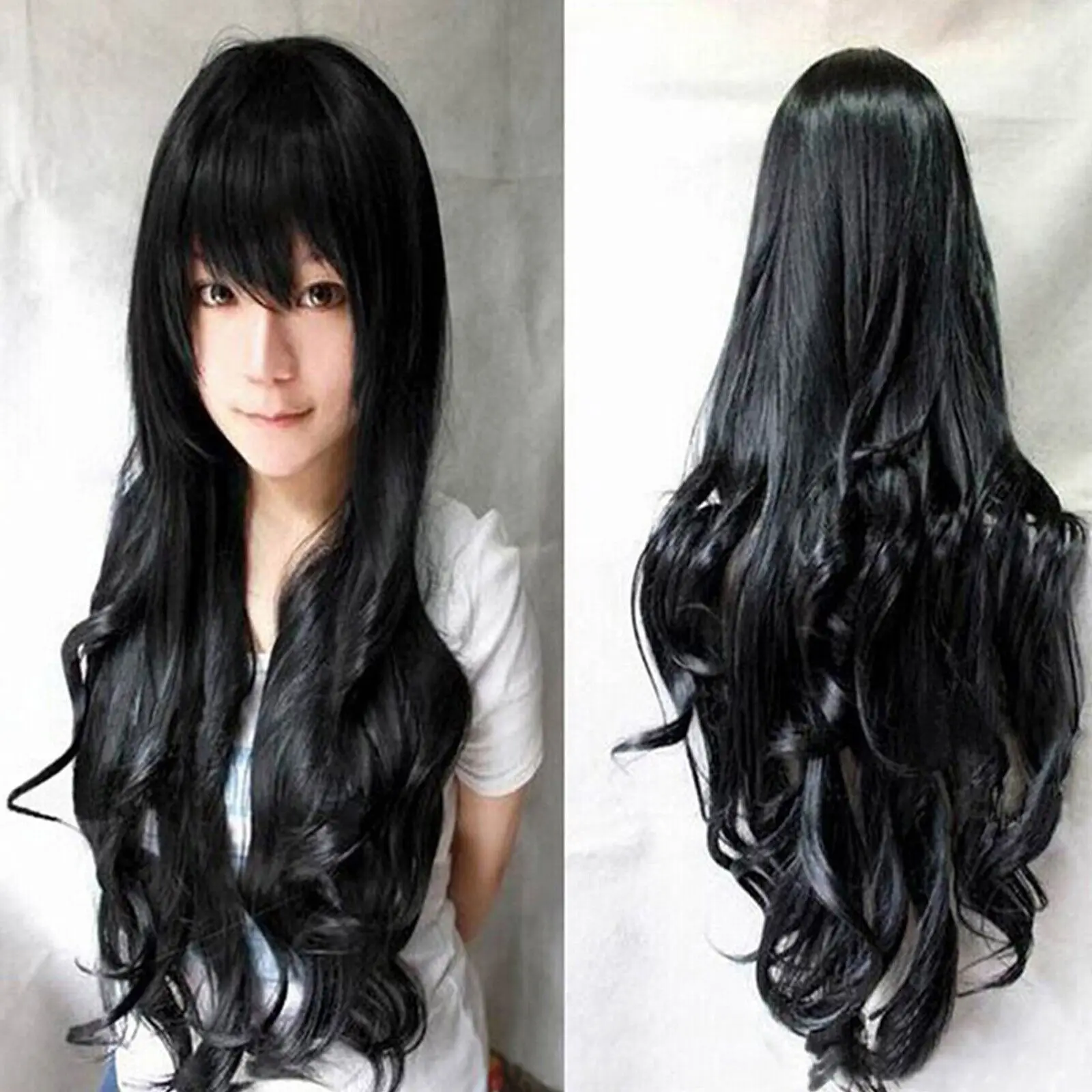 Black 80cm Fashion Long Curly Hair Wig High Temperature Silk Cos Animation Wigs