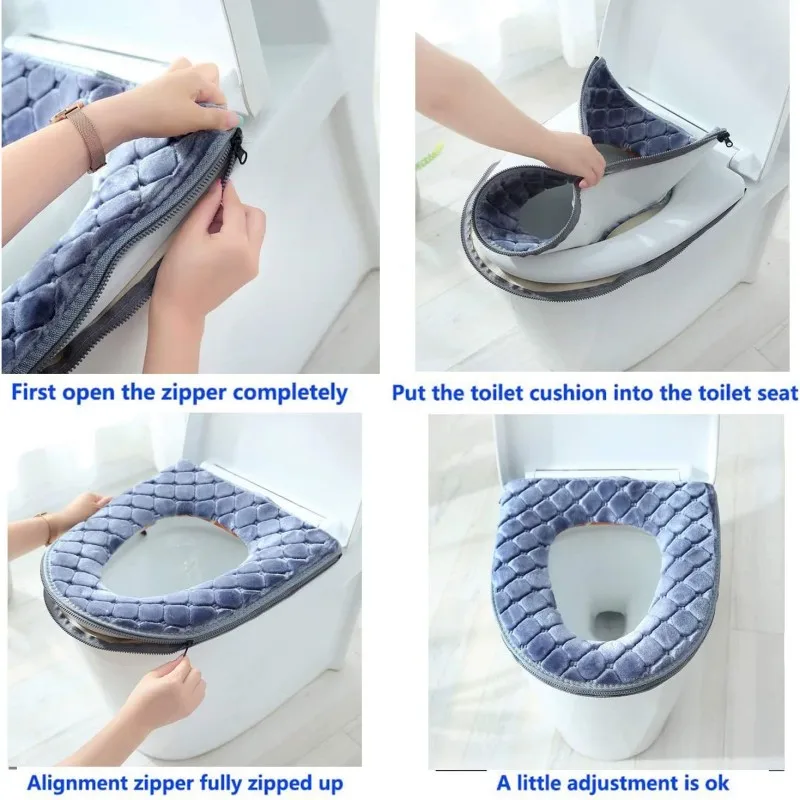 Thickened Toilet Seat Cushion Bathroom Plush Toilet Seat Cover Home Winter Warm Soft Washable Toilet Seat Gasket with Zipper