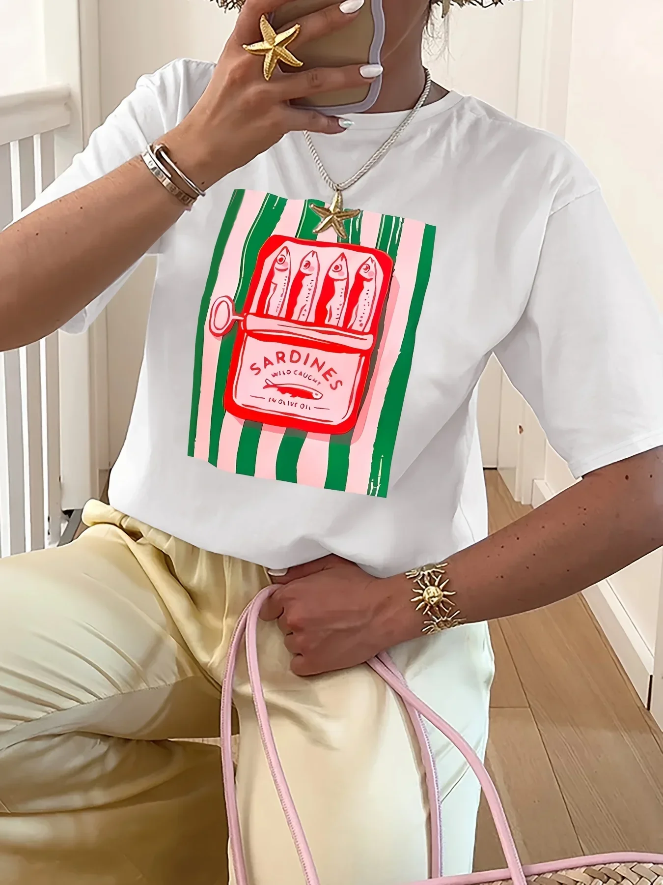 Camiseta de verano para mujer ropa de calle de manga corta con estampado de sardina americana informal de manga corta ropa