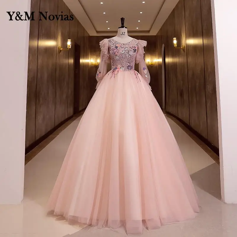 Y & M-vestido de quinceañera de manga larga para mujer, traje de fiesta con cuello redondo, elegante, estampado Floral, foto Real