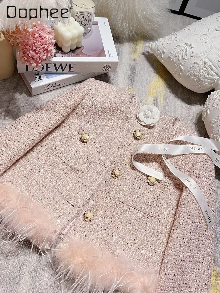 

Light Luxury Pink Sequined Feather Woolen Short Coat Women's French Socialite Jacket High End Wool Nail Drill Bright Silk Jacket