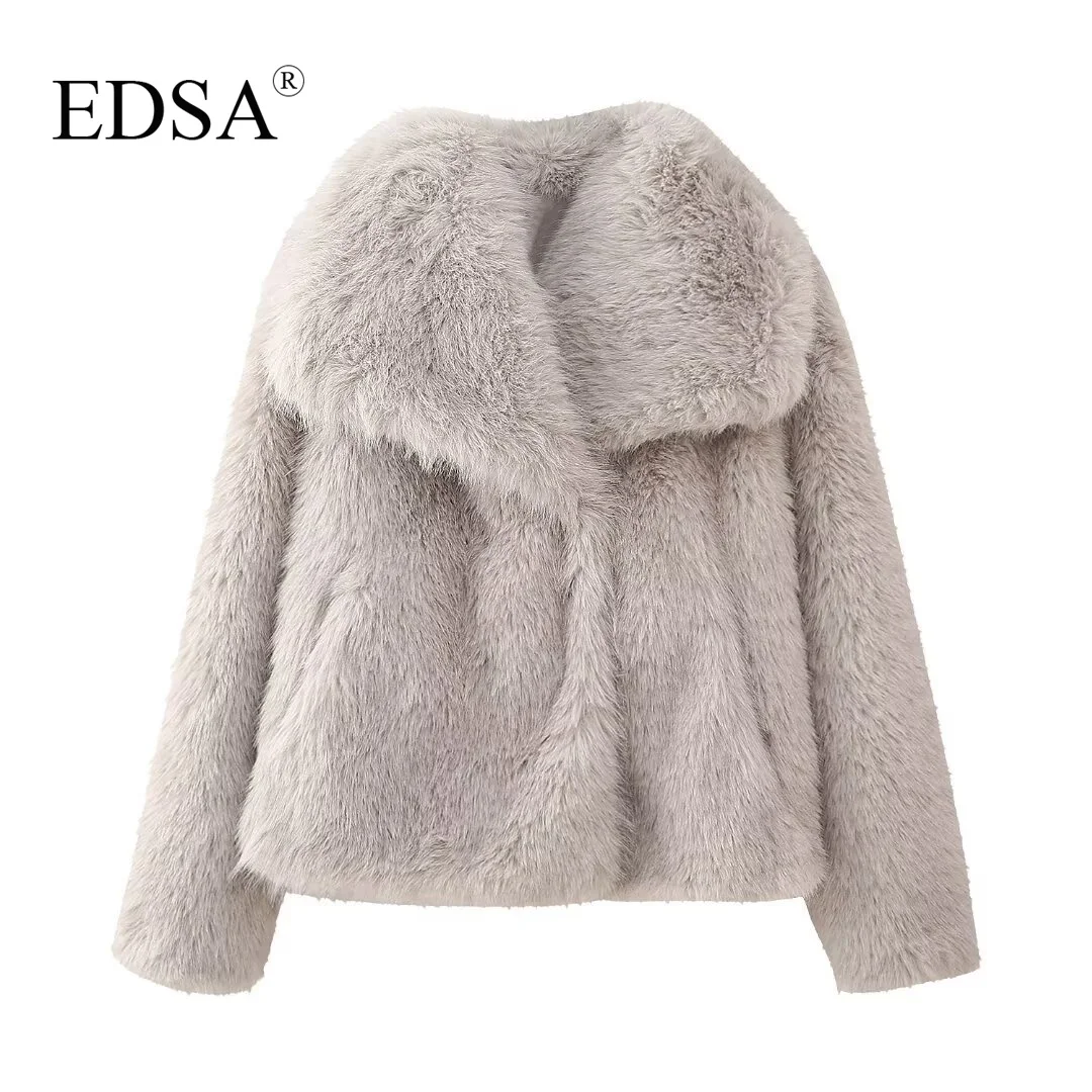 EDSA Women Fashion Faux Fur Jacket Vintage Turn-Down Collar Long Sleeve Coat Autumn Winter Woman Elegant Streetwear