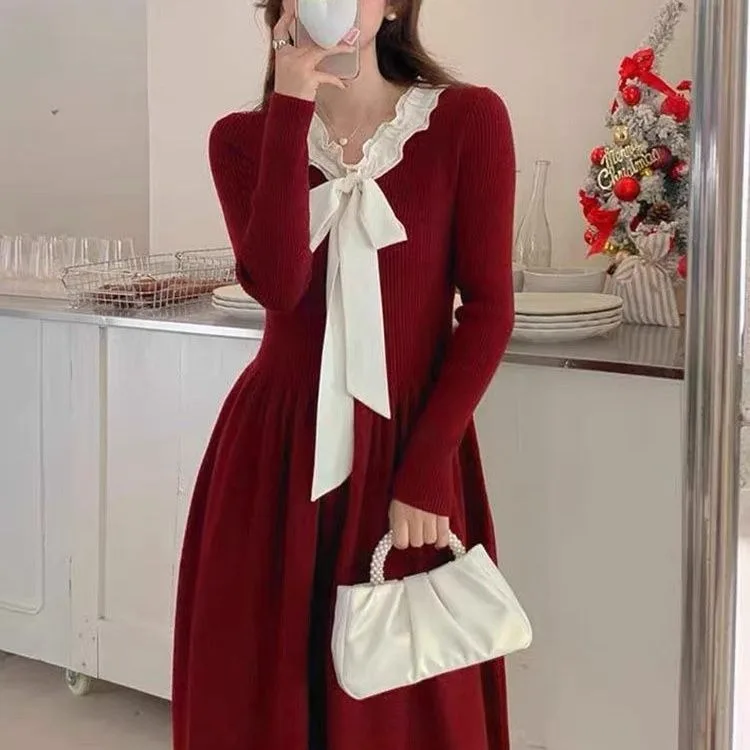 Korejepo New Sweater Dresses Hepburn Style V Neck Medium Long Autumn Winter Knitted High End Thickened Long Sleeved Thin Dress