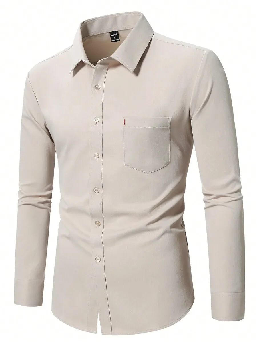 

Men's Beige Solid Collar Long Sleeve Shirt with Chest Pocket