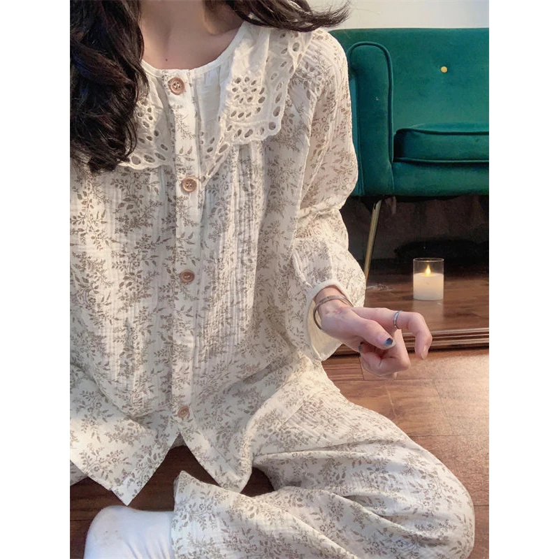 Floral Sleepwear Women Pajama Sets Piiama Autumn Pants Sets for Women 2 Pieces Hole Long Sleeve Night Wears Button Home Suit New