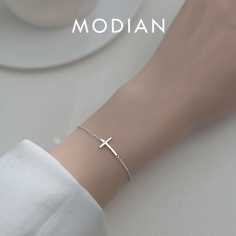 

Modian Real 925 Sterling Silver Smooth Cross Bracelet For Women Shiny Link Chain Bracelet Fine Jewelry Valentine's Day Gift