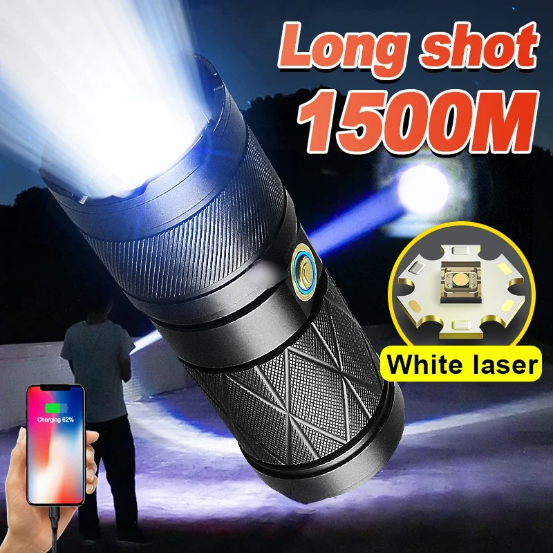 High Power Long Shot LED Flashlight Built-In Battery Type-C Rechargeable Zoomable Hand Lantern for Outdoor Camping