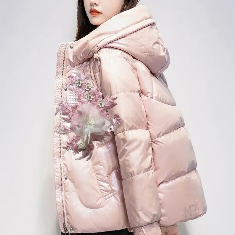 패션 플로럴 다운 재킷 여성 가을 겨울 신상 아우터웨어 광택 후드 따뜻한 재킷 트렌디 여성용 긴 소매 다운 코트