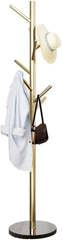 

Jolitac Metal Coat Rack Stand Golden Satin Steel Finish Stable Marble Base, High-Grade with Hooks Metal Tree Hat & Coat Hanger