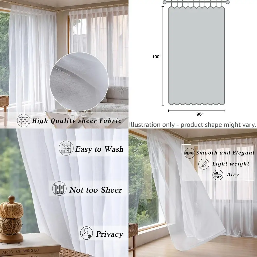 

Wide White Semi-Sheer Pinch Pleat Curtains 100x96 for Living Spaces, Faux Linen, Light Filtering, with Hooks for Traverse Rods