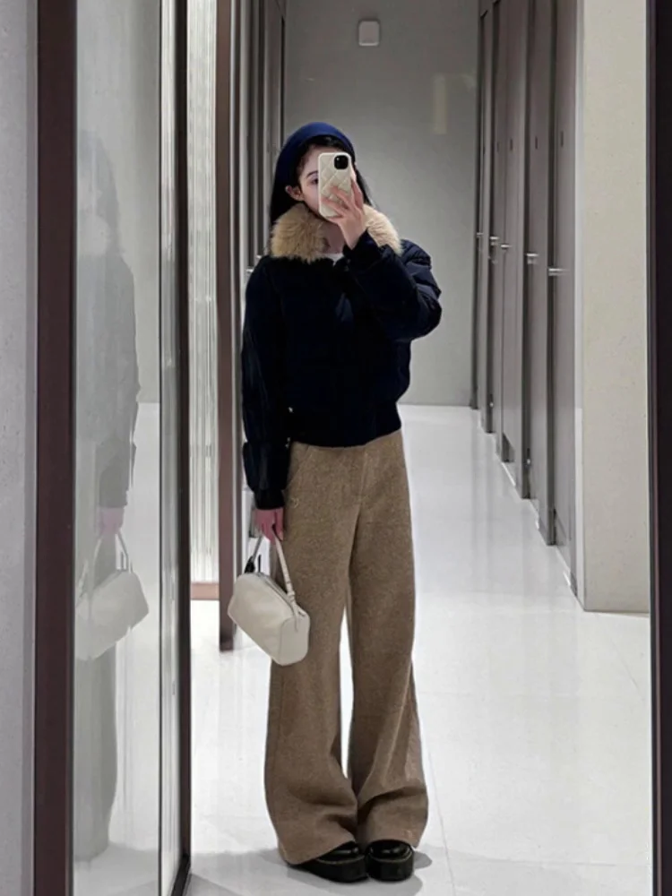 RORORIRI Khaki High Waisted Trousers for Fall Winter Office Lady Suit Pants Straight Leg Casual Pants Floor Length Solid Slacks