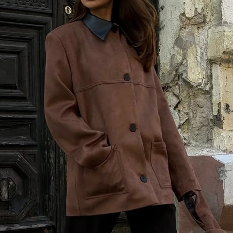 معطف من جلد الغزال عتيق لخريف وشتاء 2025 فضفاض مناسب بياقة سوداء سترة مريحة دافئة #2