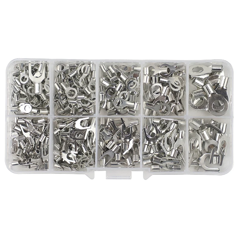 320Pcs/Box 10 In 1 Terminals Non-Insulated Ring Fork U-type Brass Terminals Assortment Kit Cable Wire Connector Crimp Spade