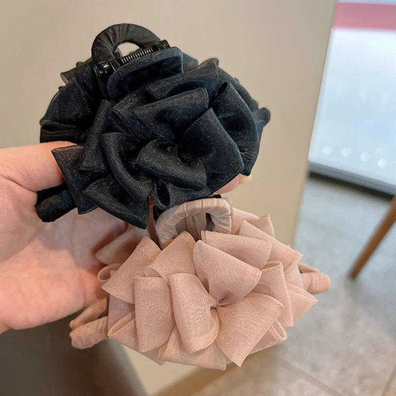韓国オーガンザ生地花柄ヘアクリップヘッドバンド大サイズヘアクローヘアピン女性ヘアアクセサリー帽子デイリーヘアバンド