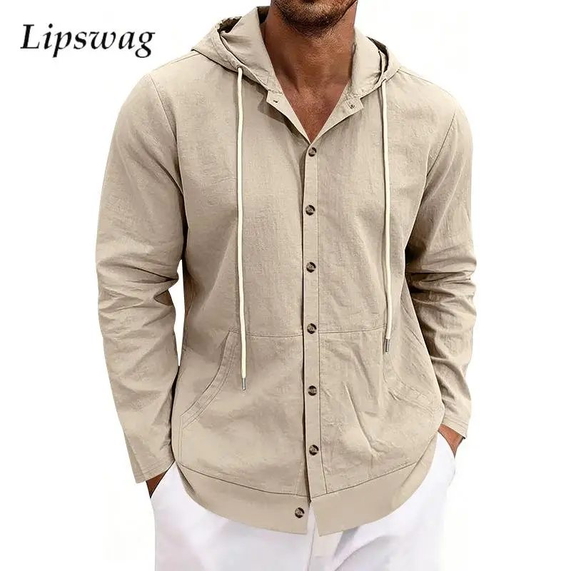 

Casual Linen Long Sleeve Shirts Mens Spring Autumn Daily Leisure Solid Color Buttoned Hooded Shirt Vintage Men Drawstring Hoodie