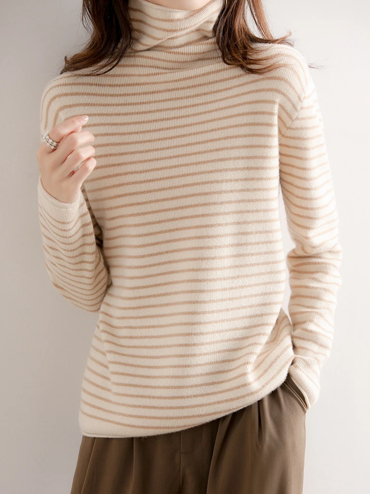 Striped Turtleneck Sweater for Women Autumn and Winter 2024 New Western Style Top Pile Collar Thickened Inner Wear Wool Sweater