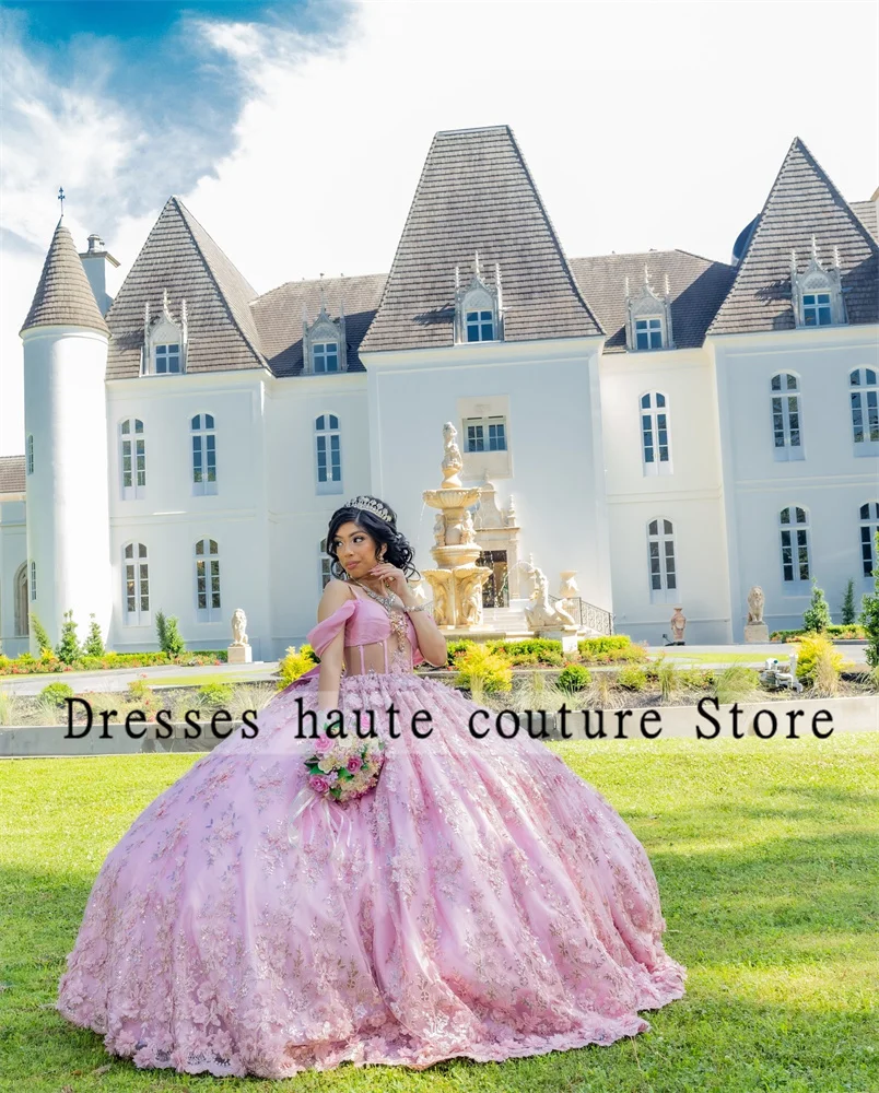 Shinning Pink Quinceanera Dresses Ball Gown 2024 Beaded Lace Appliques Corset Sweet 16  Dress vestidos de quinceañera