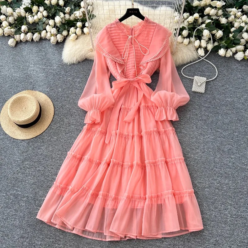 

Matakawa Mesh Women Dresses Puff Sleeve Ruffles Solid Spring Autumn Sweet Vestidos Mujer Korean Fashion Bandage Long Dress