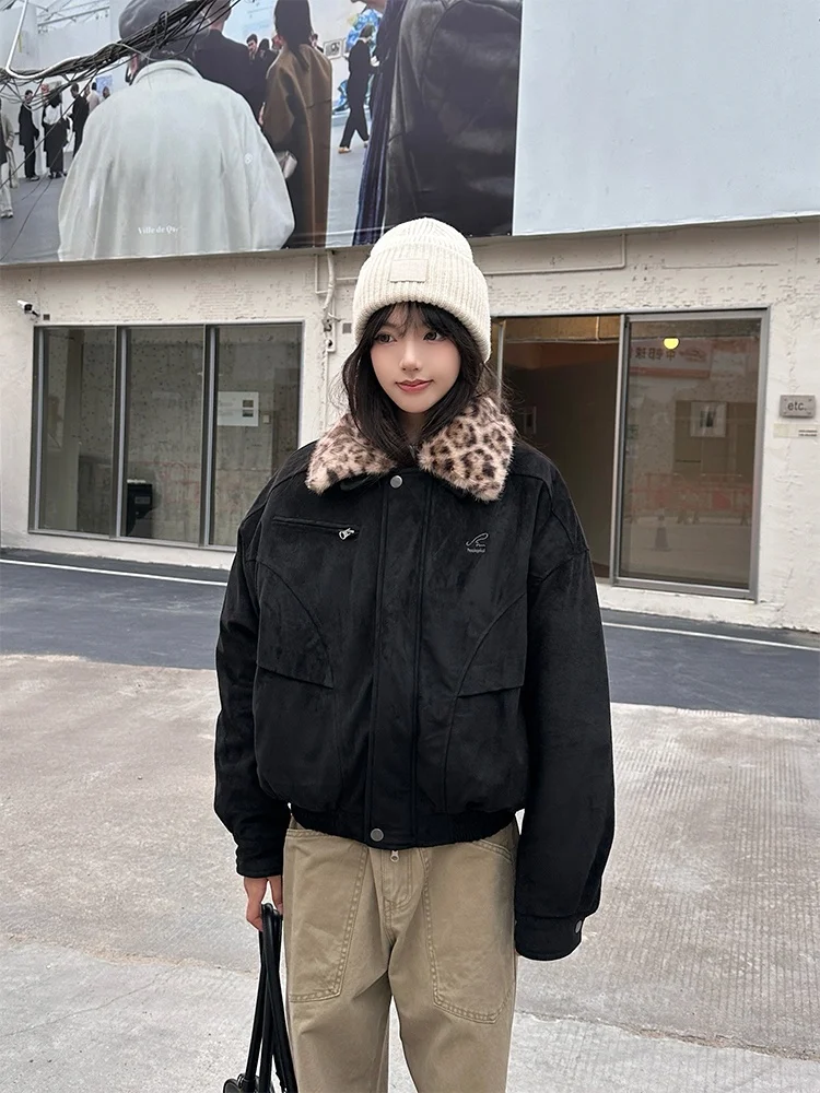 

Ветровка URKR Barn с отстегивающимся воротником с леопардовым принтом, утепленная хлопковая куртка, женская/парная ретро-куртка в американском стиле из хлопка