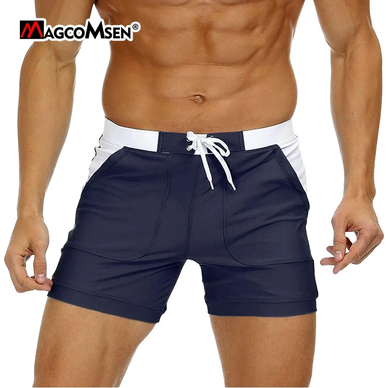 MAGCOMSEN Men's Swimwear Shorts Summer Quick Dry Swimming Trunks Surf Board Shorts Boxer Briefs Swimsuit Beach Sunbathing Shorts