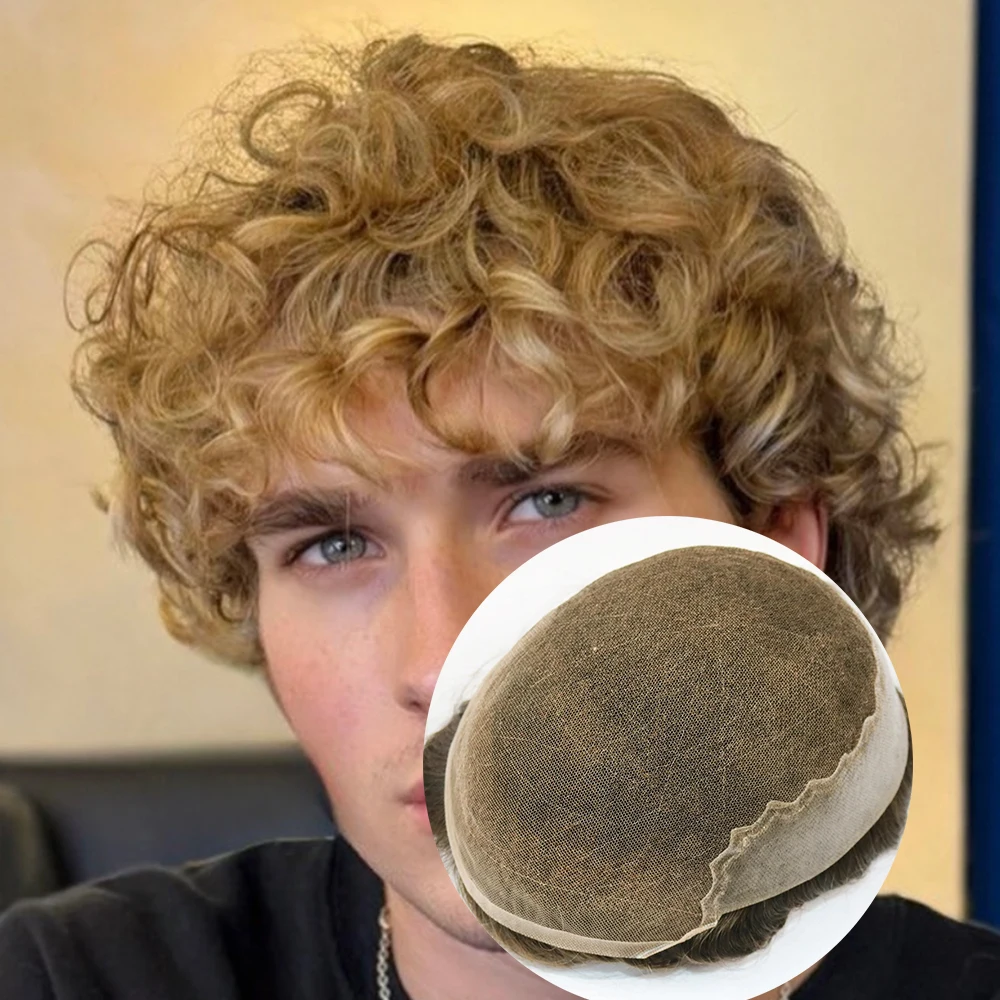 

Мужской парик из натуральных волос 28 мм, кудрявый, медово-русый 1B50, серый, дышащий, Q6, с естественной линией роста волос, осветленные узлы, швейцарская кружевная основа, капиллярный протез