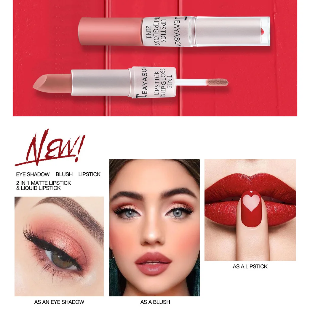 Lipstik Matte beludru tahan lama, Lip Gloss kepala ganda, Lip Gloss cangkir tidak lengket, warna Plumper, riasan lipstik tahan air