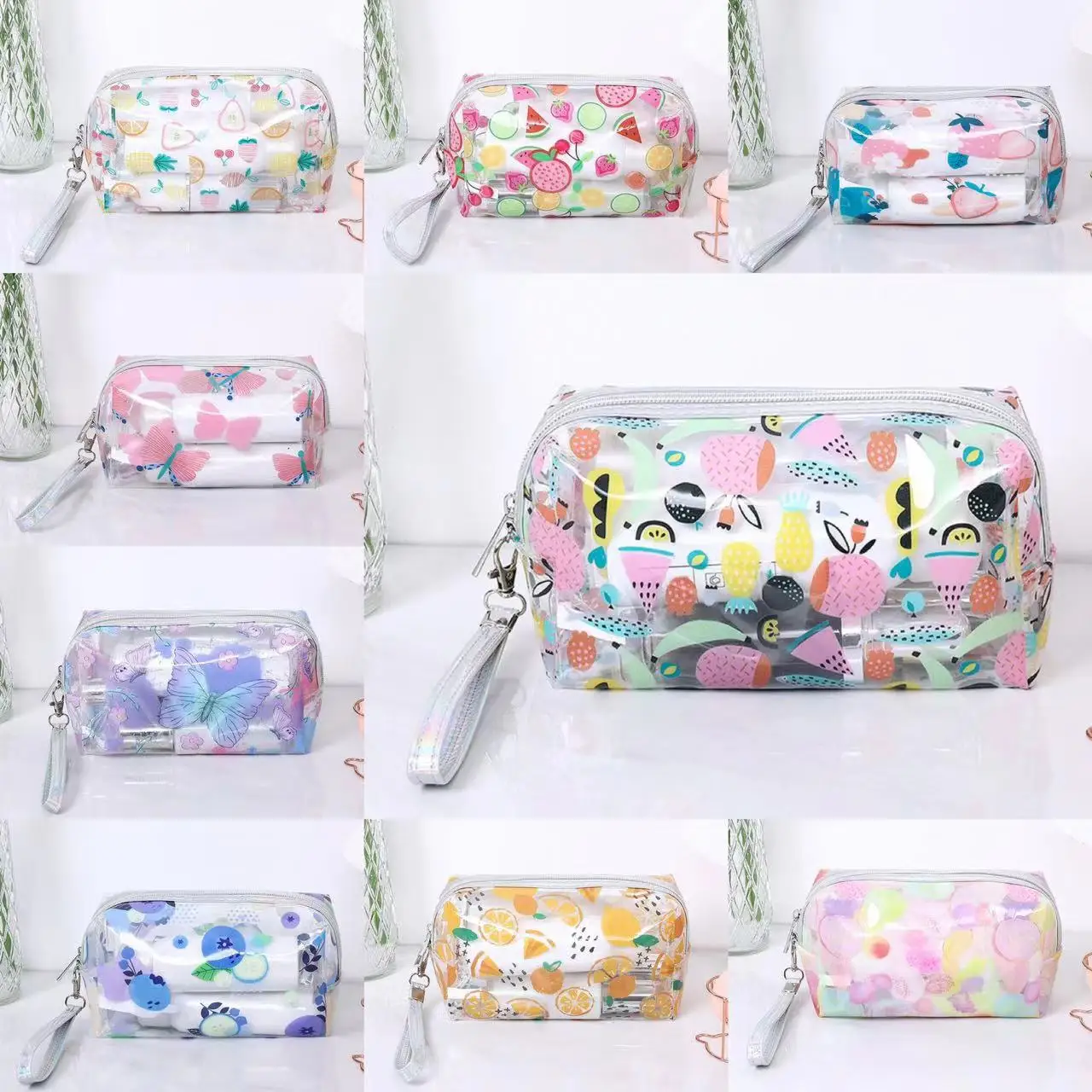 

Large Capacity PVC Clear Cosmetic Bag Brush Toiletry Makeup Organizer Strawberry Butterfly Fruit Print Visible Wash Storage Bags