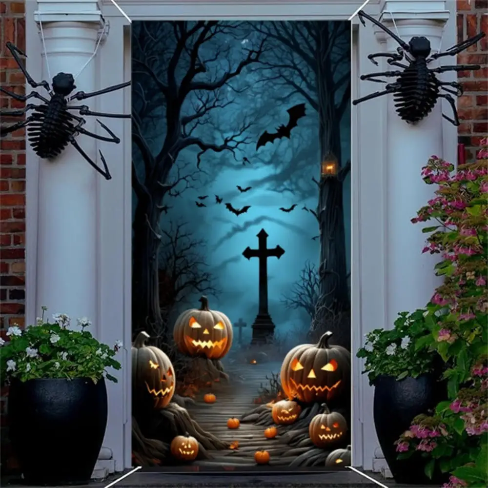 Halloween Door Decorations Horror Moon Night Dead Tree Scary Cemetery Pumpkins Door Cover Banner Halloween Front Door Backdrop