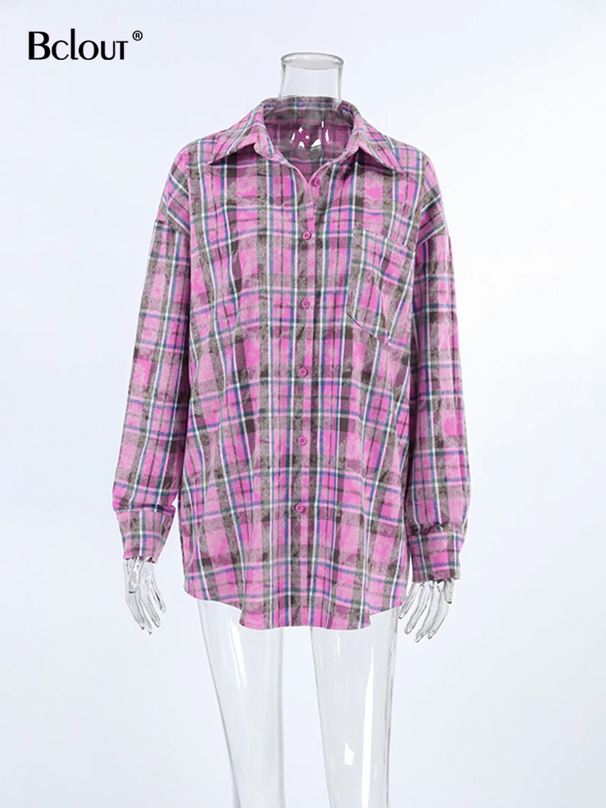 Bclout Fashion Cotton Plaid Shirts Blouses Women Casual Pink Long Sleeve Loose Shirts Spring Pockets Party Blouses Coats Female