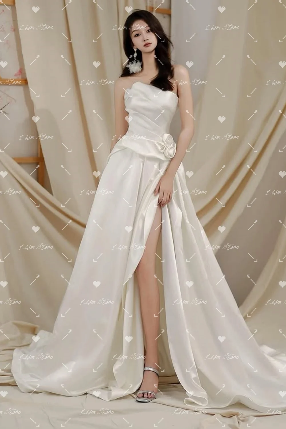 Lism Elegant Side High Slit Wedding Dresses Sleeveless Strapless Handmade Flowers A-line Korea Wedding Dress PhotoShootCustomize